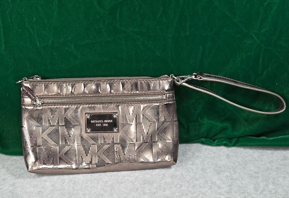 Michael Kors Jet Set Metallic Pewter Patent Leather MK Monogram Wristlet Clutch